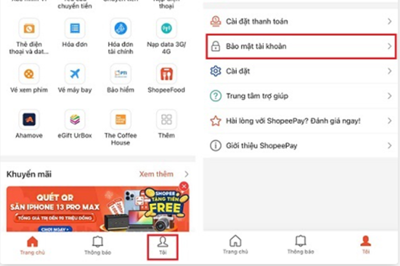 Nhấn chọn "Bảo mật tài khoản"