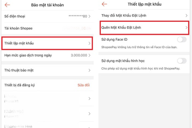 Nhấn chọn "Quên mật khẩu đặt lệnh"