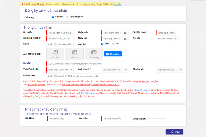 Đăng ký tài khoản cá nhân trên website CIC