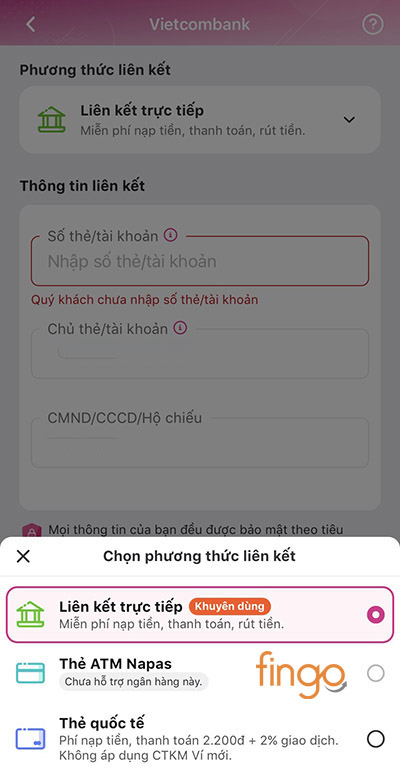Chọn phương thức liên kết phù hợp với thẻ cá nhân