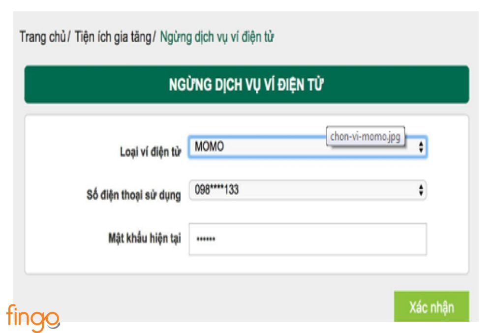 Chọn ngừng dịch vụ được hiển thị trên màn hình