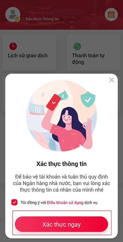 Nhấn "Xác thực ngay" để tiếp tục
