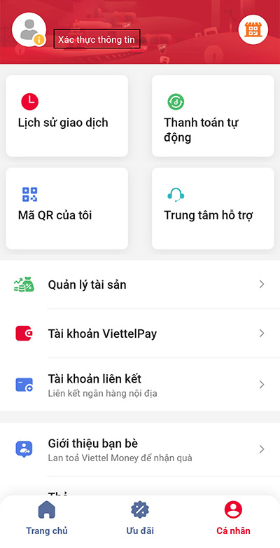 Chọn "Xác thực thông tin" để định danh tài khoản