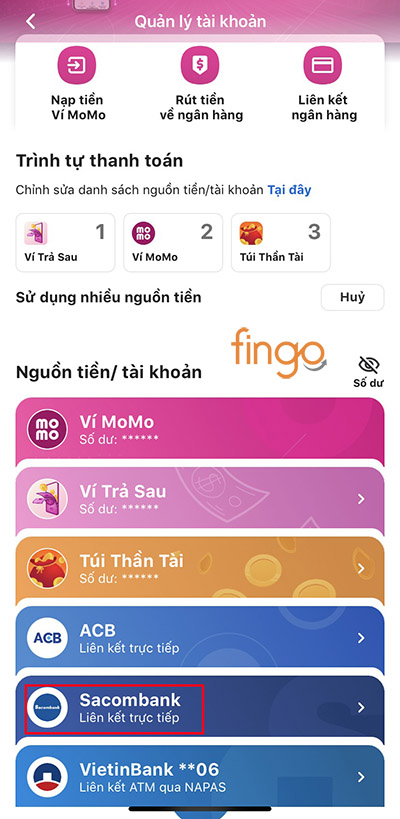 Tìm và nhấp vào thẻ Sacombank đã liên kết