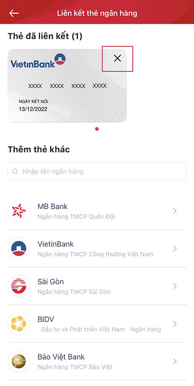 Nhấn dấu x phía trên thẻ bạn muốn hủy liên kết