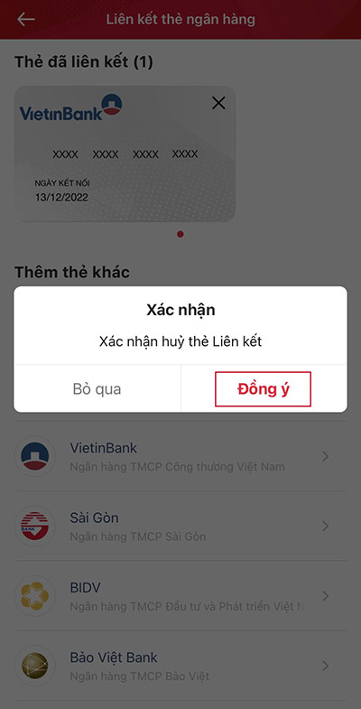 Xác nhận "Đồng ý" hủy liên kết thẻ ngân hàng