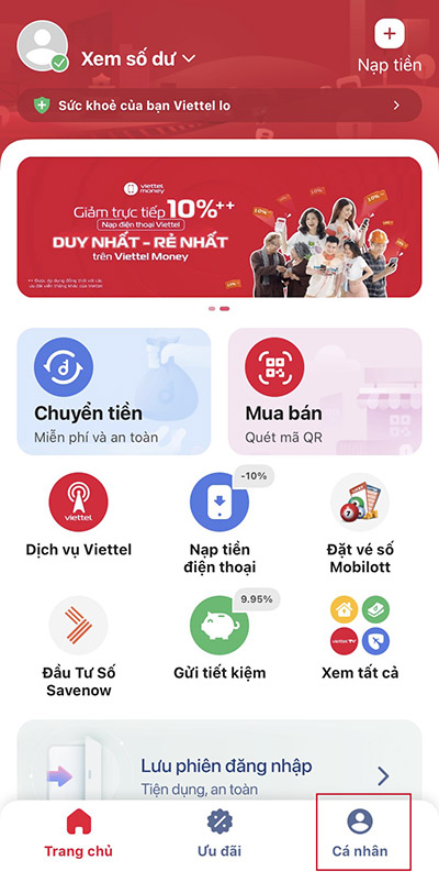 Vào ứng dụng Viettel Money, chọn mục "Cá nhân"