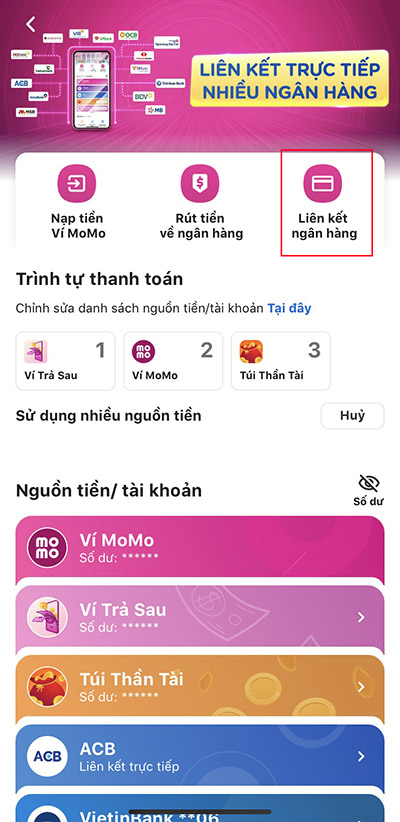 Nhấn vào mục Liên kết ngân hàng