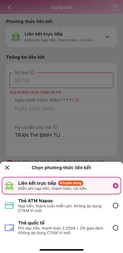 Chọn phương thức liên kết phù hợp với thẻ bạn đang sử dụng