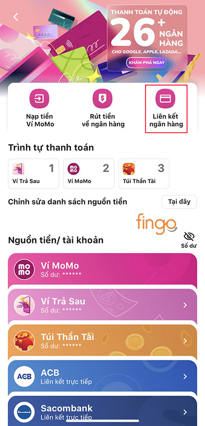 Bấm vào "Liên kết ngân hàng"