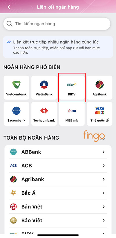 Tìm và chọn ngân hàng BIDV