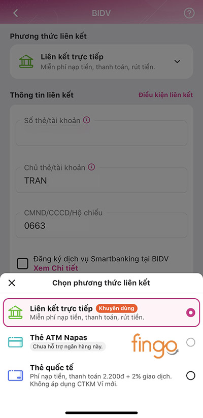 Chọn phương thức liên kết phù hợp với loại thẻ/tài khoản bạn có