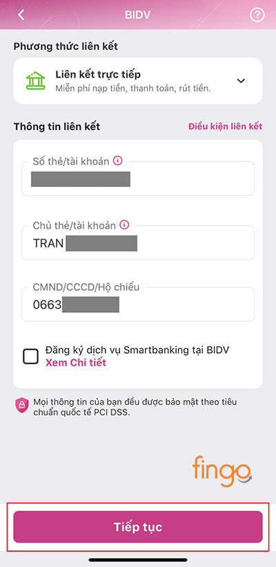 Điền số thẻ/tài khoản và kiểm tra lại thông tin trước khi nhấn "Tiếp tục"
