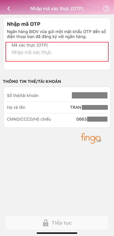 Nhập mã xác thực OTP và hoàn tất liên kết