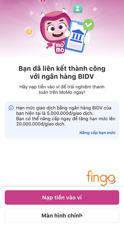 Liên kết thành công ví MoMo với BIDV