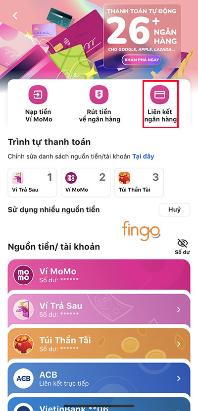 Chọn mục "Liên kết ngân hàng"