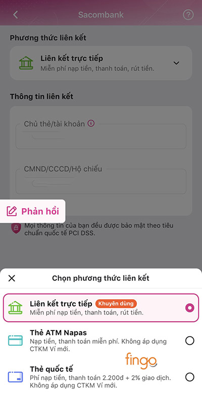 Chọn phương thức liên kết phù hợp với thẻ/tài khoản ngân hàng của bạn