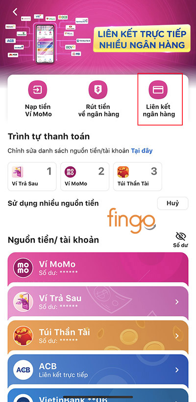 Bấm vào biểu tượng "Liên kết ngân hàng"