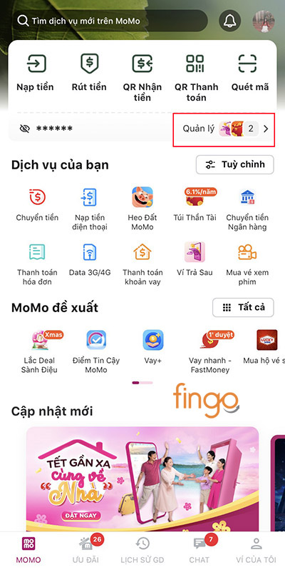 Chọn mục "Quản lý tài khoản" tại giao diện màn hình chính
