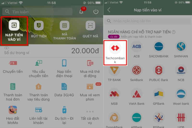 Đăng nhập Momo chọn nạp tiền để tiến hành nạp tiền vào ví 