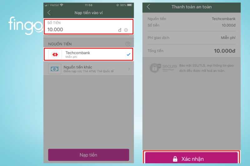 Nhập số tiền cần nạp và xác nhận