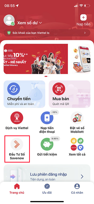 Tìm và chọn Đầu tư số SaveNow
