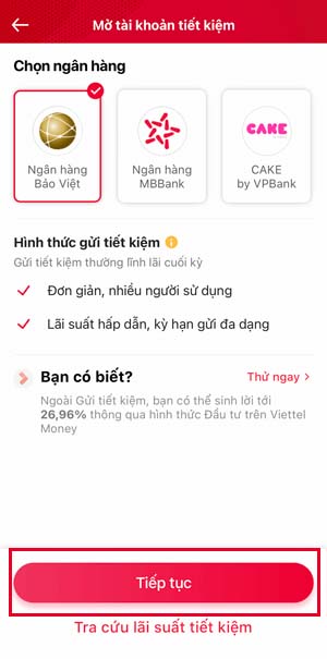 Chọn ngân hàng để xem lãi suất và so sánh. Nhấn "Tiếp tục" nếu chọn được gói tiết kiệm mong muốn