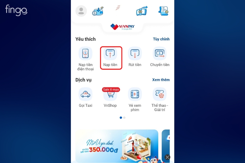 Chọn nạp tiền trên ví VNPAY