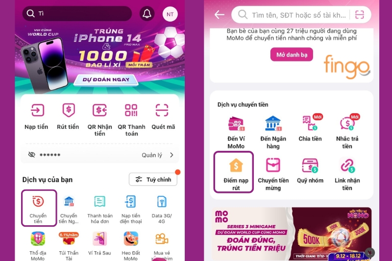 Đăng nhập chọn chuyển tiền