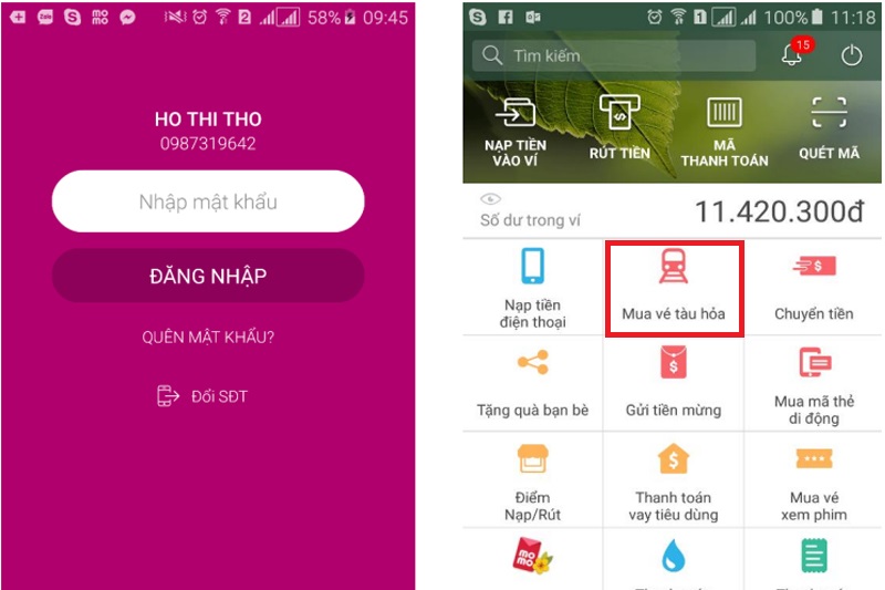 Đăng nhập và chọn mua vé tàu trên MoMo
