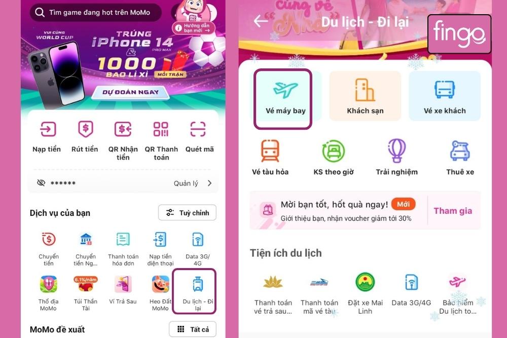 Đăng nhập MoMo, chọn du lịch đi lại để đặt vé máy bay