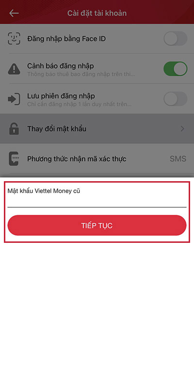 Nhập mật khẩu Viettel Money cũ