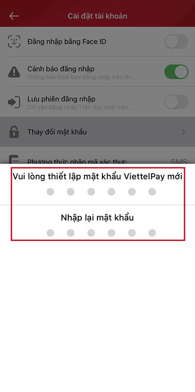 Nhập mật khẩu Viettel Money mới và xác minh mật khẩu