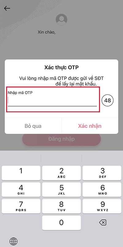 Nhập mã xác thực OTP