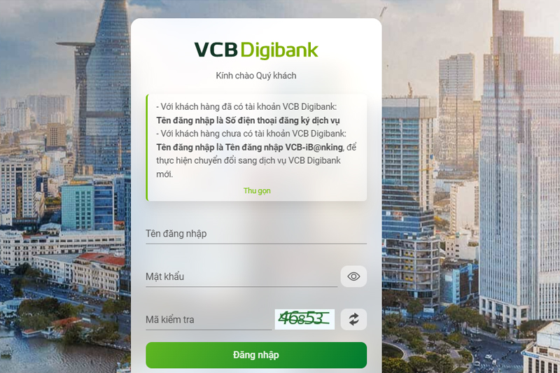 Điền thông tin để đăng nhập vào tài khoản VCB Digibank