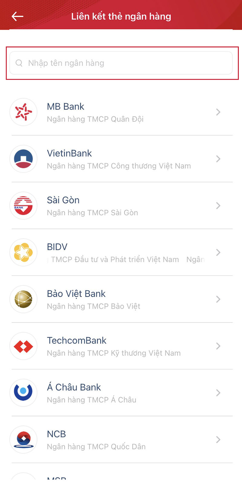 Chọn ngân hàng muốn liên kết