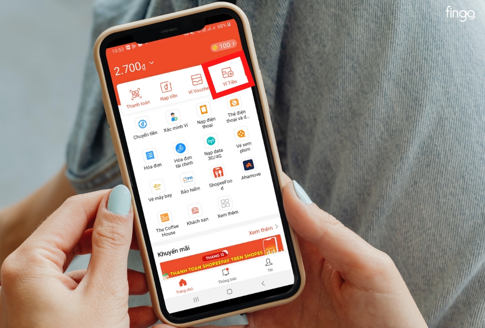 Nhấn chọn mục "Ví tiền" tại giao diện ShopeePay