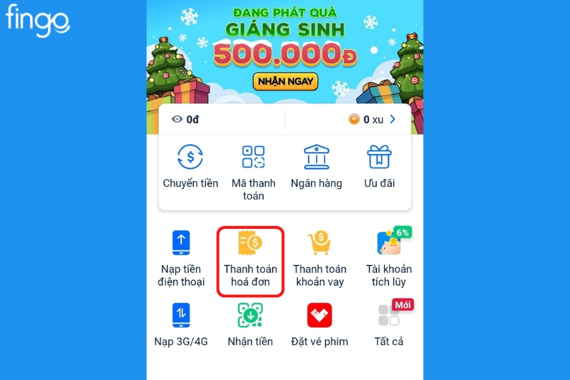 Chọn thanh toán hóa đơn sau khi đăng nhập ZaloPay