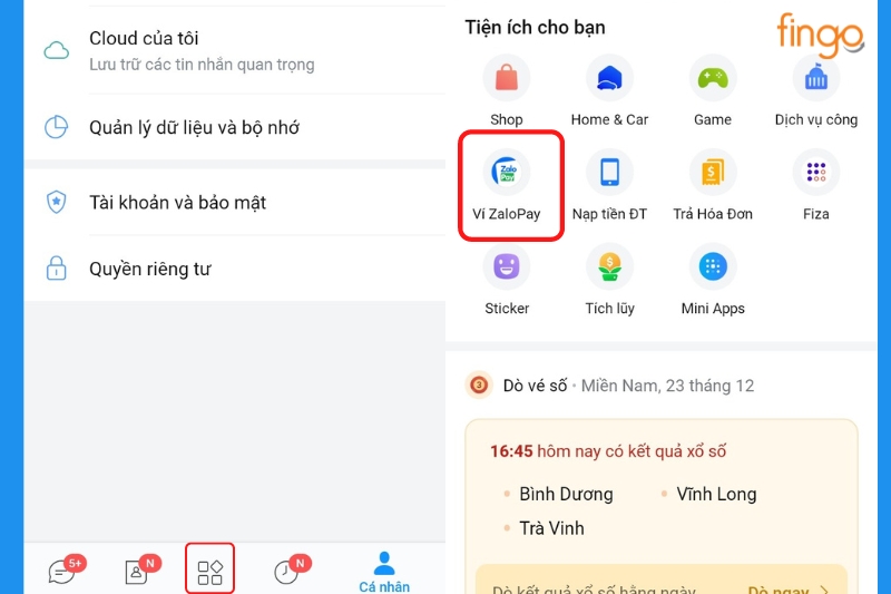Đăng nhập ứng dụng Zalo và chọn ví ZaloPay
