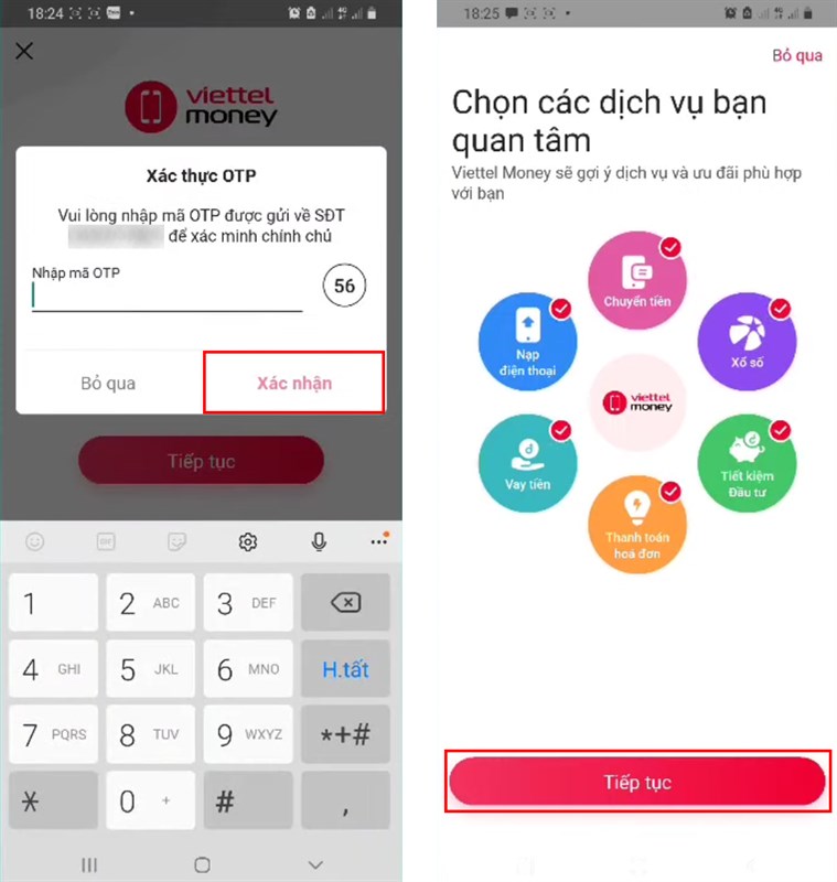 Xác nhận mã OTP đăng ký Viettel Money
