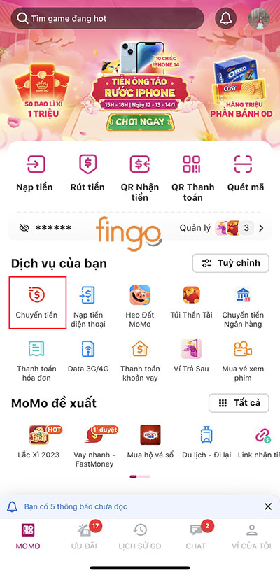 Vào mục chuyển tiền