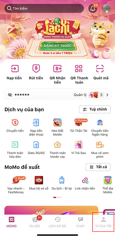 Tại màn hình chính, chọn Ví của tôi