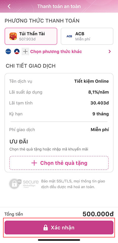 Xác nhận tạo tài khoản tiết kiệm MoMo