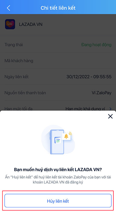 Xác nhận "Hủy liên kết" để hoàn tất giao dịch