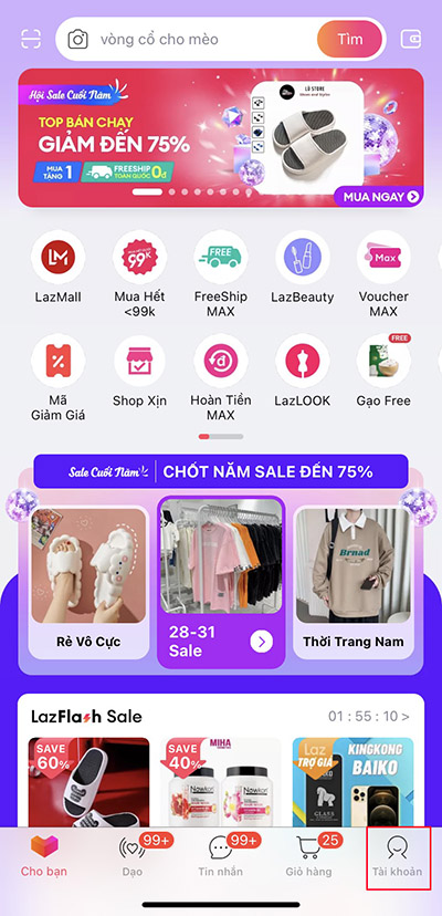 Vào mục "Tài khoản" ở góc phải dưới cùng của màn hình
