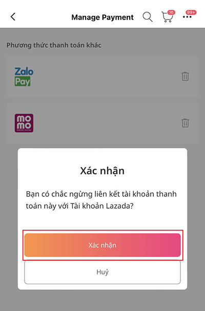 Xác nhận hủy thanh toán giữa ZaloPay và Lazada
