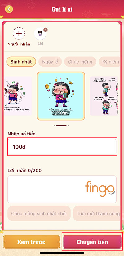 Nhập số tiền và nhấn Chuyển tiền