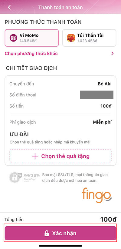 Xác nhận gửi lì xì cho bạn