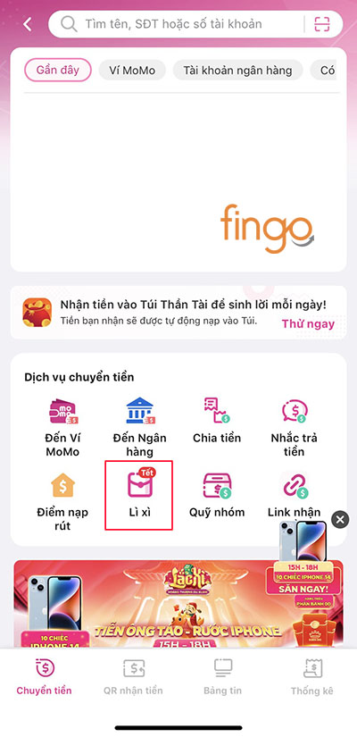 Nhấn chọn Lì xì