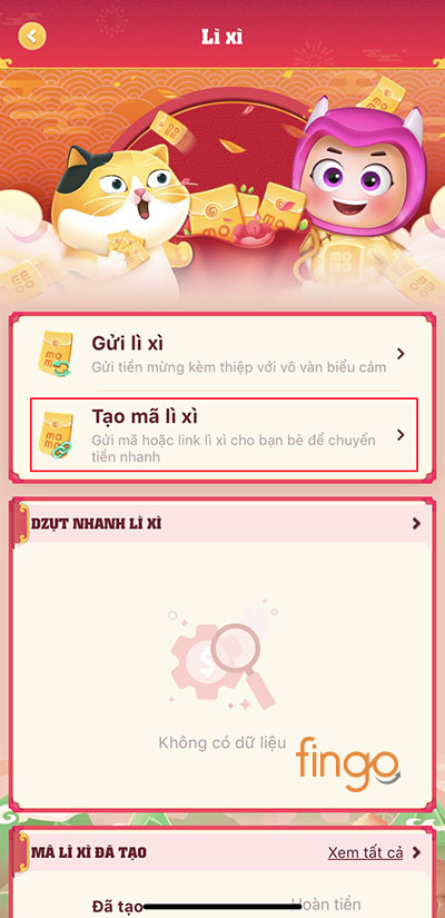 Chọn Tạo mã lì xì để chia lì xì cho nhiều người